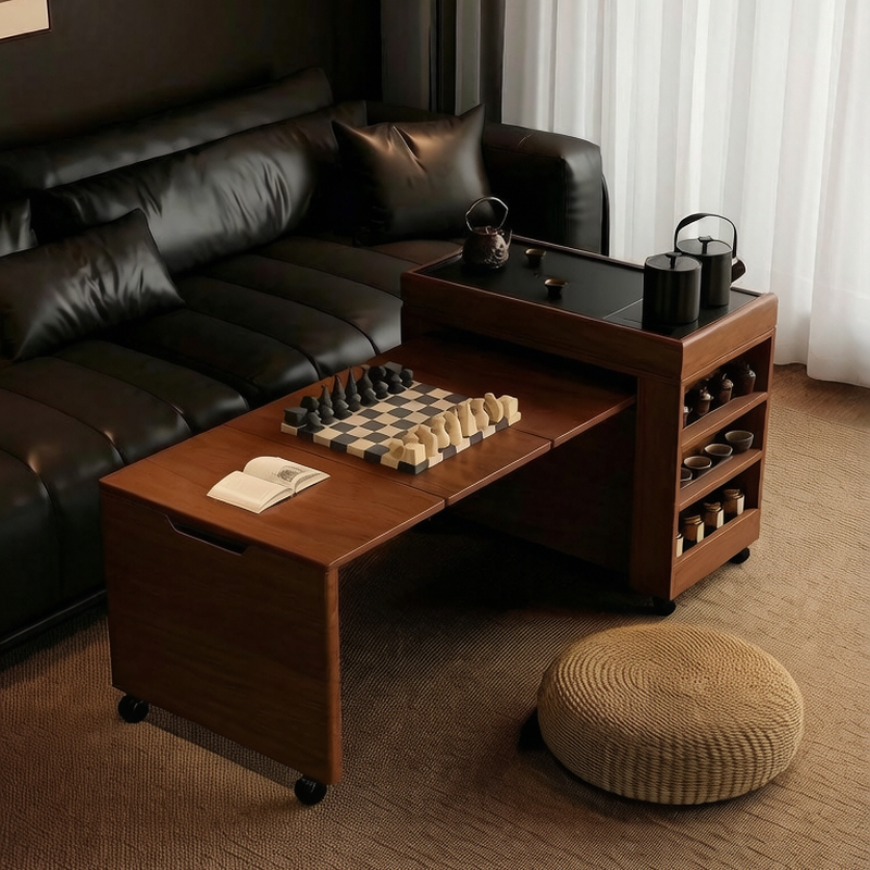 Solid Wood Mobile Tea Table, Small Apartment Balcony Tea Cabinet, Can Be Filled with Water with One Click, Suitable for Making Tea, Living Room Retractable Coffee Table