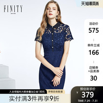 Finidi 2019 summer new square collar single breasted hook flower hollow lace stitching elegant lady style dress