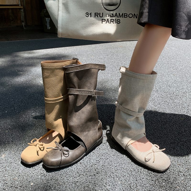 Niche Design! Genuine Leather Square-Toe Bowknot Retro Flat-Leg Booties Women's Long Boots Slouch Boots Plus Size 4142