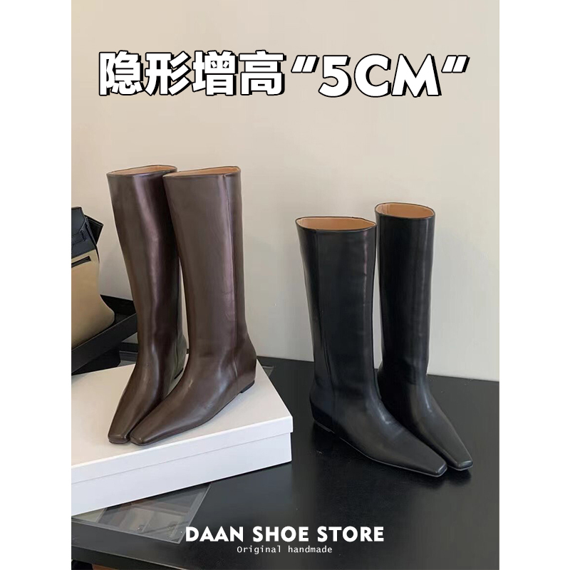 Cowhide Leather High-End Stylish Square-Toe Boots for Women, Long Boots with Hidden Height Increase, Straight-Leg Boots, Knee-High Riding Boots