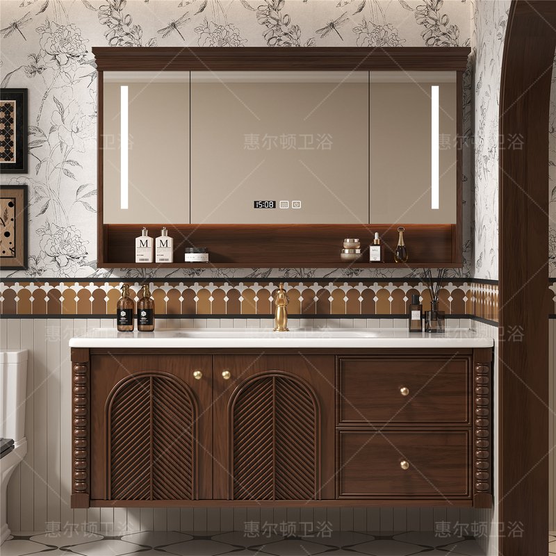 French-Style Vintage Oak Bathroom Cabinet Set, Solid Wood Washbasin Cabinet with Integrated Ceramic Basin for Bathroom