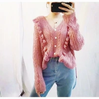 2018 đầu thu mới phiên bản Hàn Quốc của áo sơ mi retro retro cổ chữ V tay dài bằng gỗ đan len áo len lông