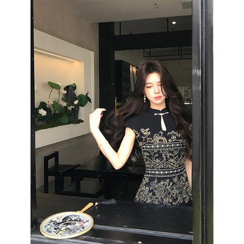 Mu zi li's li 2025 summer ໃຫມ່ແບບຈີນຊຸດສີດໍານ້ໍາຫຼຸດລົງຢືນຄໍ raglan sleeve ເທິງກະໂປງແອວສູງ