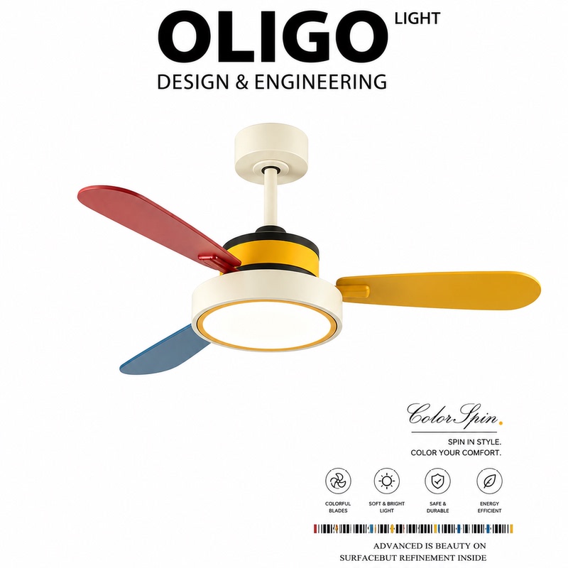 Oligo Memphis Colorful Three-Blade Fan Lamp for Dining Room and Bedroom, Vintage Style Integrated Silent Fan Chandelier