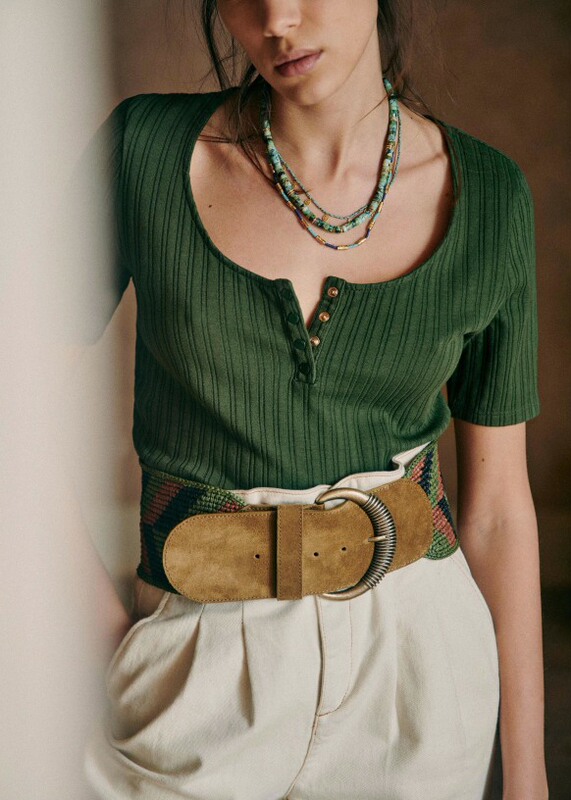 [in Stock] French-Style Niche Retro Round Neck Slim-Fit Henley Collar Ribbed Short-Sleeve T-Shirt, Three Colors