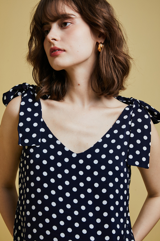 [in Stock] French-Style Niche Retro Polka Dot Print Bow V-Neck Tie Sleeveless Camisole Top
