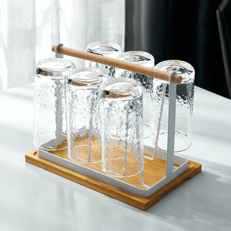 6 Transparent Cup, White Cup Holder, Small Tray & Cup Feeding Brushhousehold Glass water set suit Simplicity Northern Europe pot  heat-resisting Hammer pattern flower receptacle 6 Only install With tray Cup holder