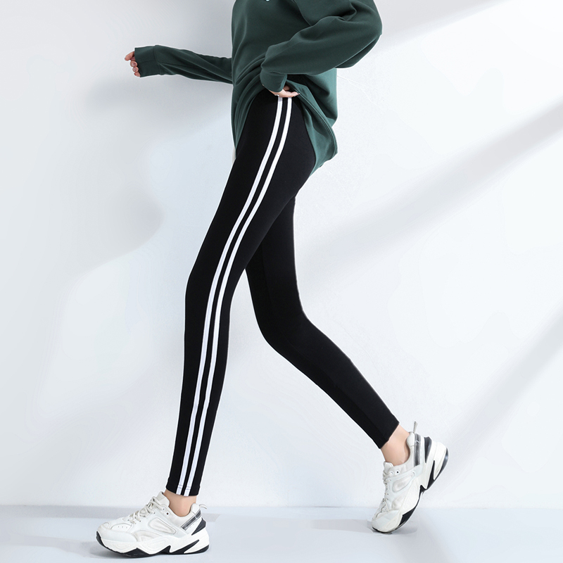 Cotton Leggings for Women, Suitable for Spring and Autumn, Fleece-Lined, Long, Tight-Fitting, for Tall Students, with Two Stripes, Gym Pants