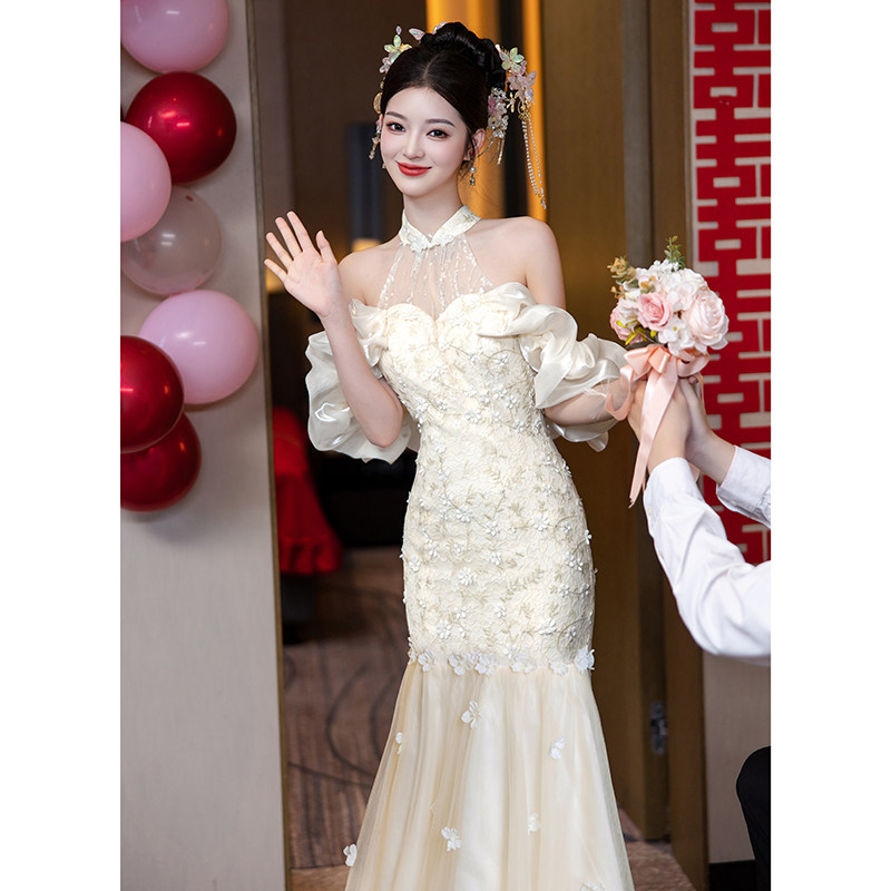 chinese dress ladies Wedding Qipao Dress, Wedding Cheongsam, Chinese Oriental Wedding Dress XL / White / Pre Made main image 0