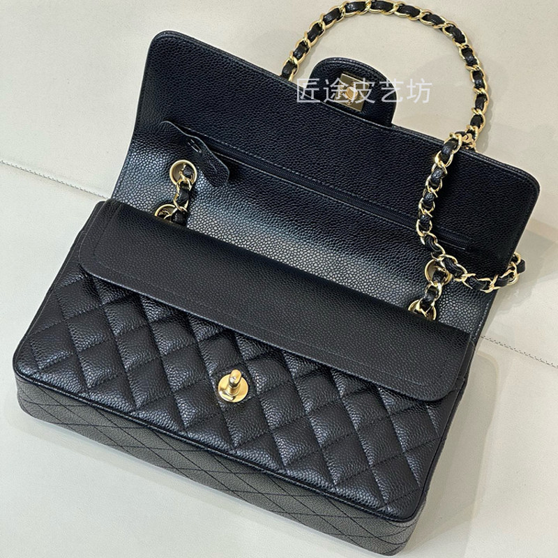 Chanel-Style Flap Bag Cf23 Medium Size Black Gold Caviar Leather Bag Square Quilted Chain Crossbody Women's Bag