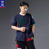 Don installed male Chinese round collar disc buckle collared patch short sleeve shirt Chinese Wind Summer Zen Cotton Numb blouse