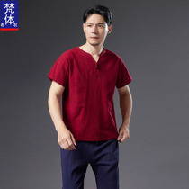 Linen T-shirt male short sleeve Tangclothing disc buckle cotton linen half sleeve loose and breathable hemp material jacket Summer Chinese wind mens clothing