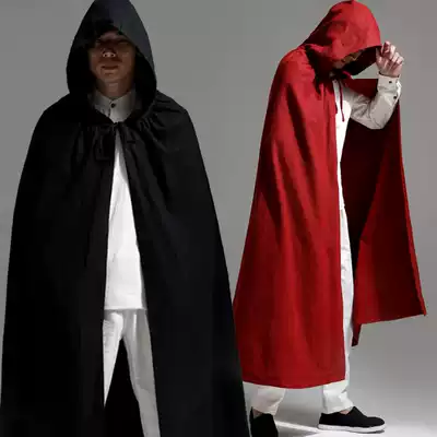 Chinese National style linen autumn and winter jacket retro medium and long version of windbreaker men and women Wizards costume hooded cape
