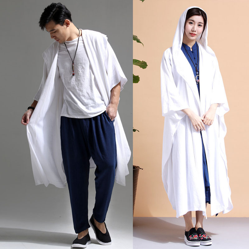 Linen áo khoác windman phù hợp với áo gió cổ thuật sĩ đội mũ trùm đầu batshirt mũi gió của Trung Quốc retro nam đầm đầm zen