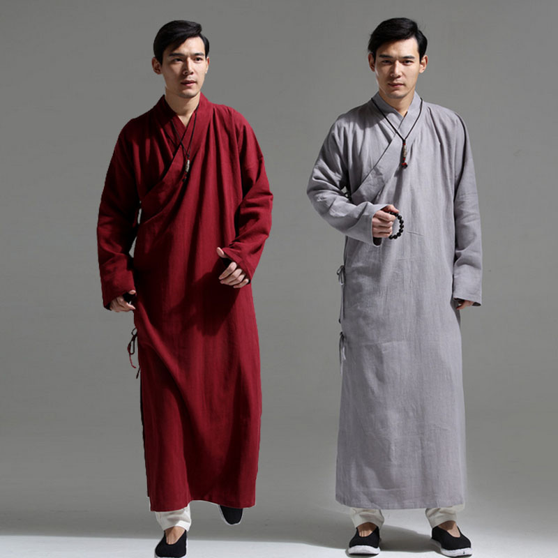 Chinese wind flax brokenness long version Hanfu Guesma mandarin vest Chinese style Tang suit men's long shirts for tea Zen clothes