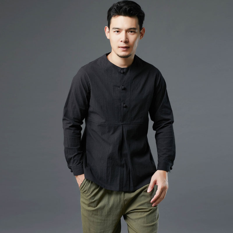 Chinese style Han suit men's improved Tang suit blouse Chinese wind retro disc button long sleeve T-shirt slapped bottom shirt cotton linen T-shirt