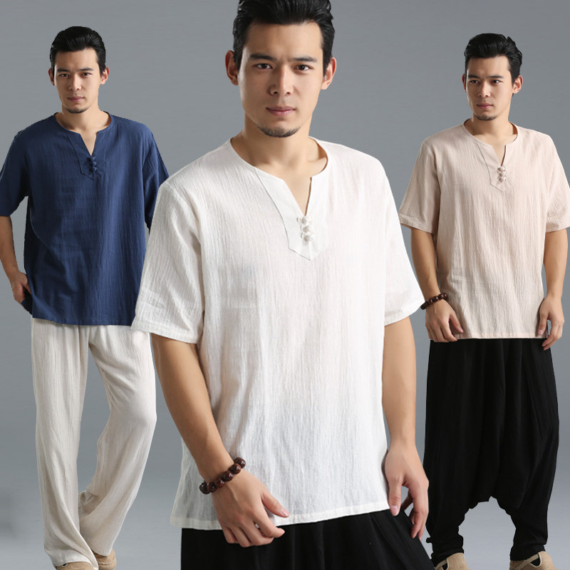 Chinese national wind flax men's clothing retro cotton linen V collar loose large size for short sleeves T-shirt male Zen tea 50% sleeve blouse