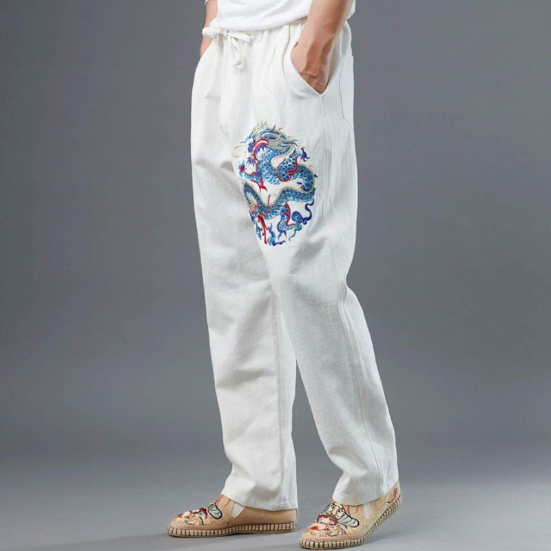 Linen Casual Pants Chinese Style Antique Embroidered Dragon Pants Men's Loose Straight Pants Linen Elastic Waist Long Pants