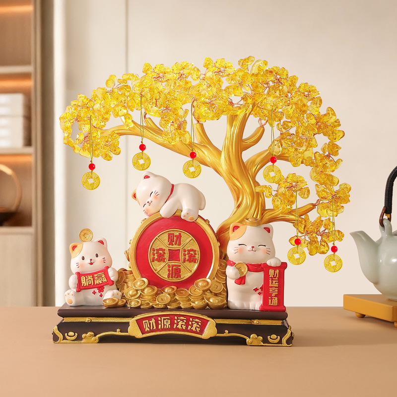 Fortune Cat, Money Tree, Crystal Feng Shui Ornament, New House Decoration, New Store Opening, New Year Good Luck Gift