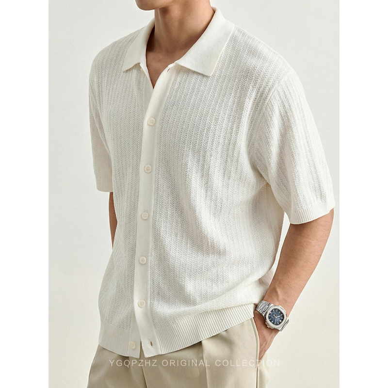 Minimalist Cardigan Design Herringbone Texture Knit Polo Shirt Men's Short-Sleeve T-Shirt 2026 New Top