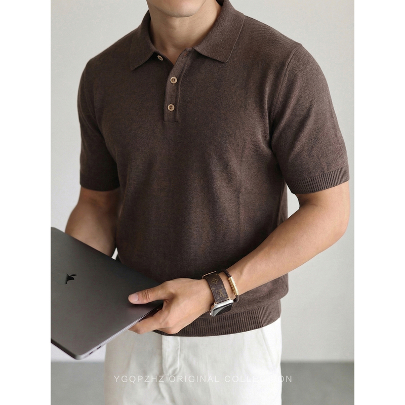 Sheep-Silk Blend Hazel Hazelnut Coffee Light Mature Old Money Cool Short-Sleeved Knitwear Men's Polo Shirt Collared T-Shirt for Men