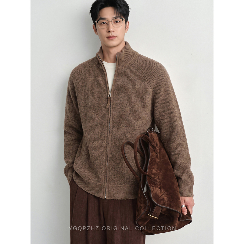 Milk Coffee Warm Tone Old Money Style Vertical Striped Half-High Collar Knitted Cardigan Jacket Men's Autumn and Winter New Casual Sweater Men Milk Coffee Warm Tone Old Money Style Vertical Striped Half-High Collar Knitted Cardigan Jacket Men's Autumn and Winter New Casual Sweater Men