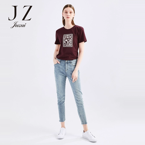 JUZUI/玖姿 Брендовая летняя хлопковая футболка, 2020, с вышивкой