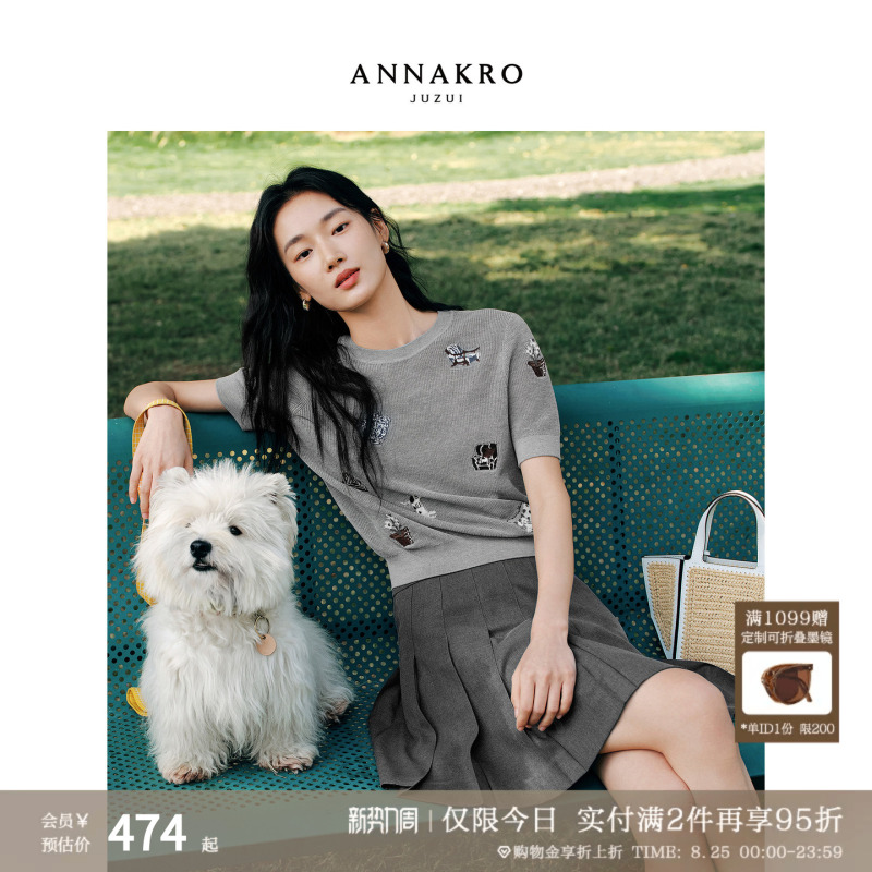【Cute】Jiu Zi Anna Co English Country Style Pet Jacquard Short-Sleeve Knit Top for Women 2026 Summer New Collection 【Cute】Jiu Zi Anna Co English Country Style Pet Jacquard Short-Sleeve Knit Top for Women 2026 Summer New Collection