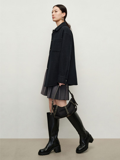 玖姿安娜蔻Bling亮片毛呢羊毛落肩宽松衬衫式外套女2024秋季