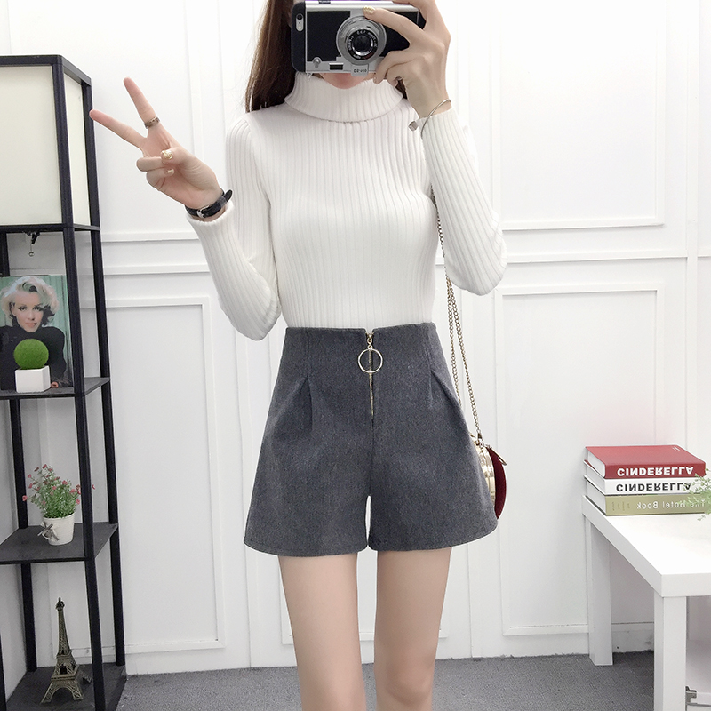 Quần short nữ mùa thu đông 2018 mới một từ giản dị quần ống rộng cạp cao eo cao quần rộng bên ngoài mặc quần short len ​​nữ thời trang công sở nữ