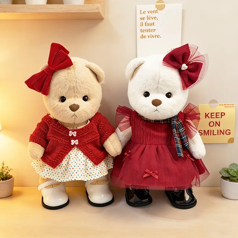 Medium-Sized Lina Jointed Bear Plush Doll with 30cm Teddy Bear Red Cardigan and Rainbow Candy Dress Outfit
