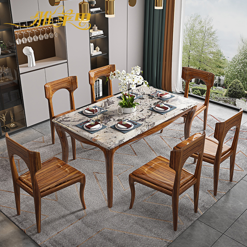 New Chinese-style Ukim dining table and chairs combined modern simple solid wood rectangular dining table with domestic marble table-Taobao