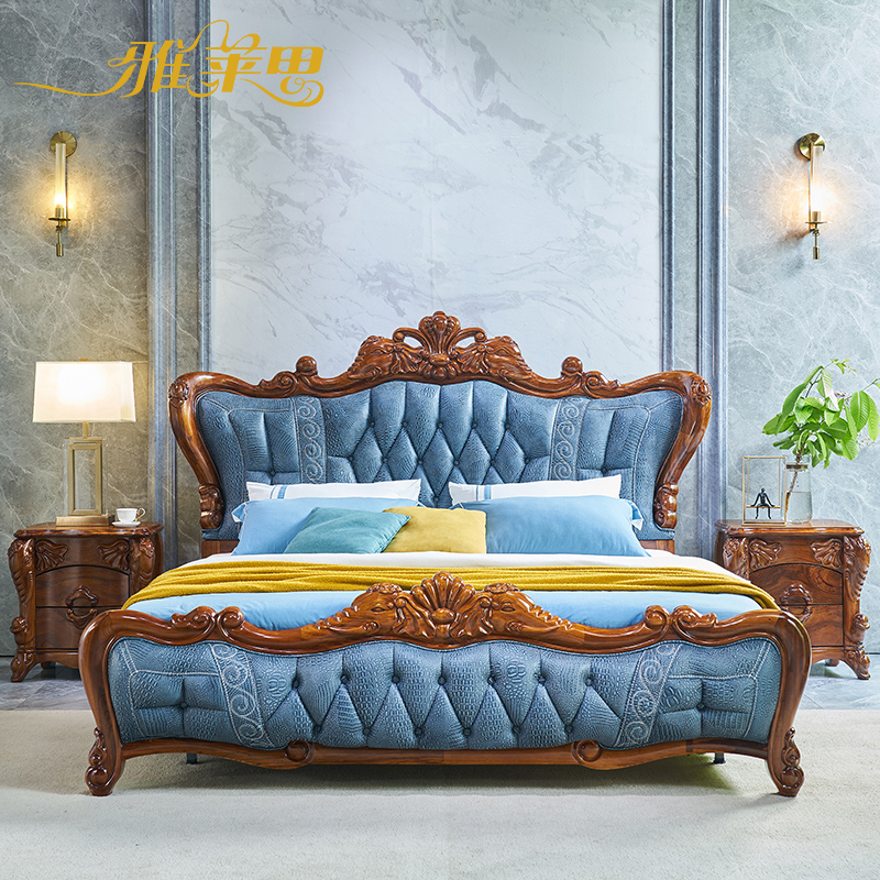 Elephant Engraving Ukim Wood Genuine Leather Double Man Bed Master Bedroom Luxurious solid wood bed 2 * 2 2 m Villa Wedding Bed-Taobao