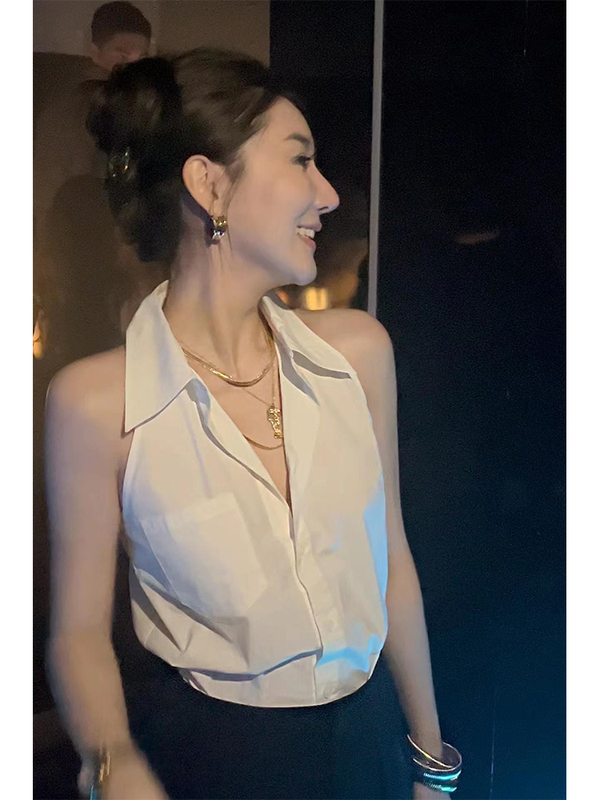 European Style White Halter Neck Sleeveless Shirt for Women, New Summer Fashion Versatile Slim Fit V-Neck Vest