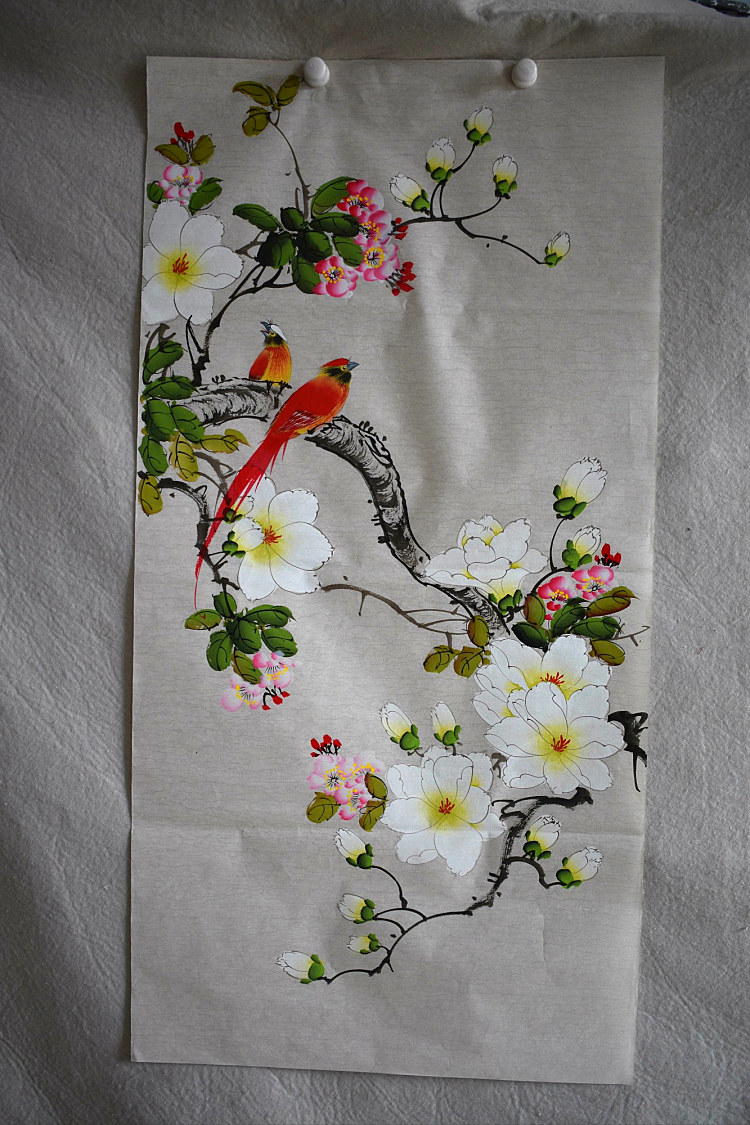 Meiqi Painting Academy three feet 1 * 0 5 meters fine brushwork flowers and birds pure hand-painted professional painter lotus mandarin duck magnolia flower