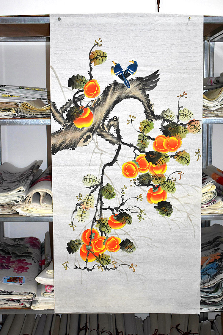 Meiqi Painting Academy 4 feet 1 4*0 7 meters Gongbi flowers and birds pure hand-painted Chinese painting Calligraphy and painting artificial painting Vertical persimmon