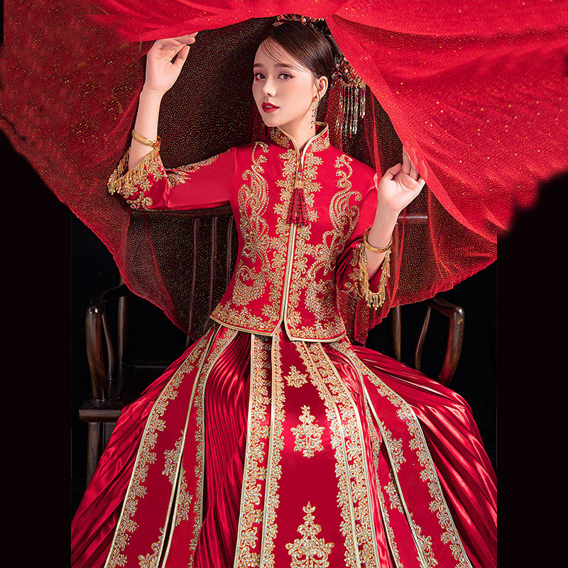 Dragon-phoenix hanging bride 2022 new spring wedding Chinese wedding clothes hot and drilling show and suit to be slim and large size and fat mm