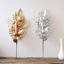 Golden leaf decorated golden fruits Sub-branch Christmas decorations silver berries Emulated florin creative single branch pendulum pieces