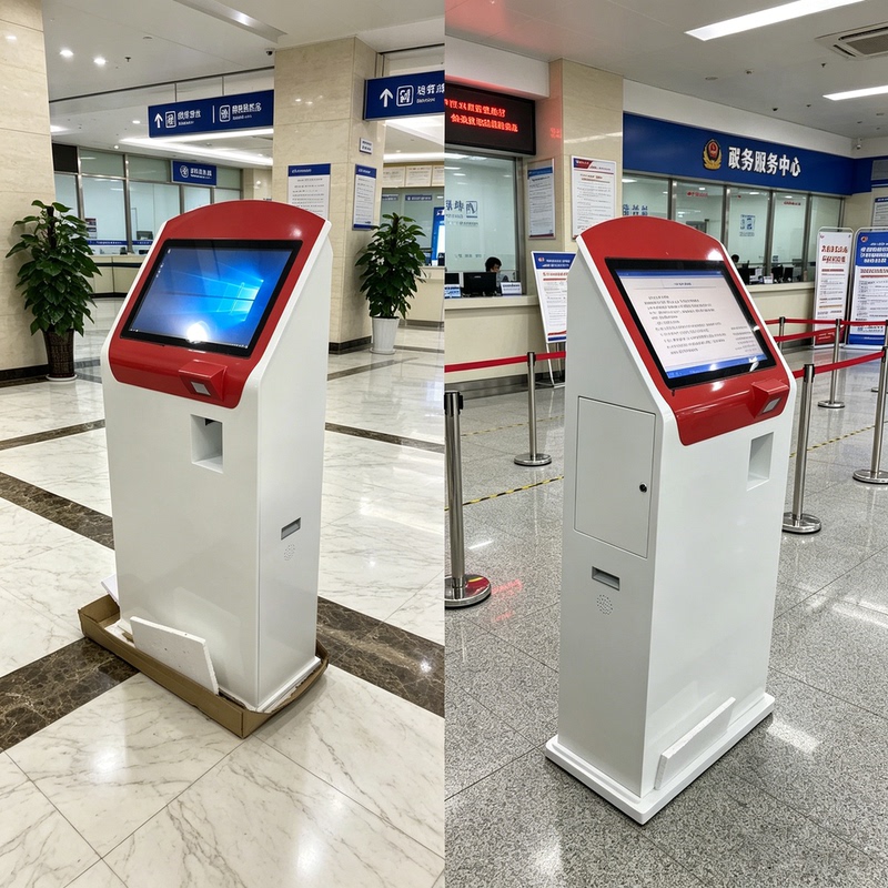 Vertical Self-Service Terminal All-In-One Machine, Red and White Touch Screen Inquiry Machine, Self-Service Printing Equipment for Government and Bank Transactions Vertical Self-Service Terminal All-In-One Machine, Red and White Touch Screen Inquiry Machine, Self-Service Printing Equipment for Government and Bank Transactions