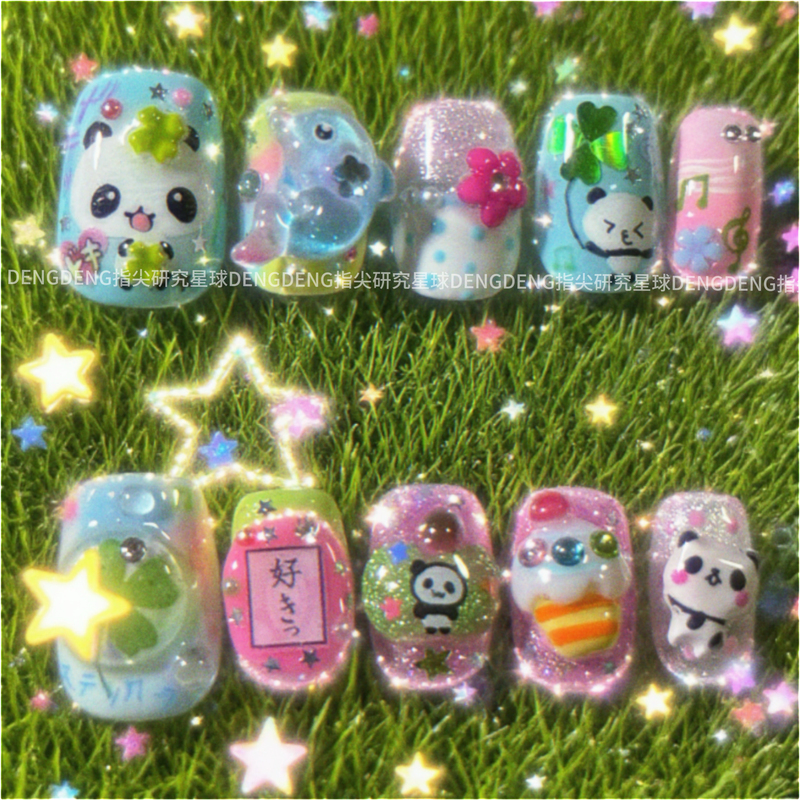 Vintage Panda Sticky Notes Wearable Nails ins Style Plastic Cute Niche Y2K Millennium Style Clover Nail Tips Vintage Panda Sticky Notes Wearable Nails ins Style Plastic Cute Niche Y2K Millennium Style Clover Nail Tips