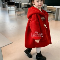 Red girls lambswool coat horn button coat long New Years greetings hooded double-sided velvet plus velvet winter coat