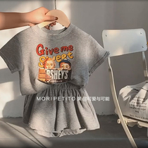 Small Crowd Temperament Girl Suit Foreign Air Printed Wool Circle Pure Cotton Baby 2 Pieces Suit Children Sports Summer