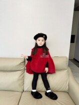 Girls red mink velvet knitted cape shawl sweater baby autumn and winter warm windproof top 2023 autumn and winter