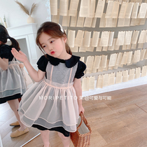 Korean Version Pure Cotton Summer Girl Suit Dress Two Sets Black Augan Yarn Pink Apron 2 Pieces Baby Princess Dress