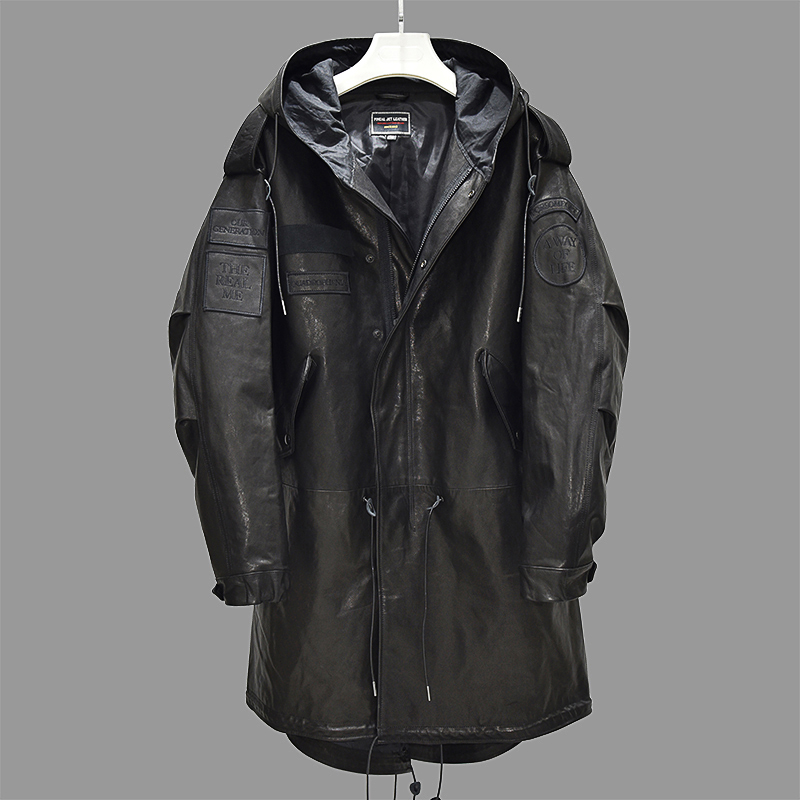 Retro Oversize Men's Washed and Distressed First-Layer Sheepskin Jacket Mid-Length Genuine Leather Trench Coat Leather Coat