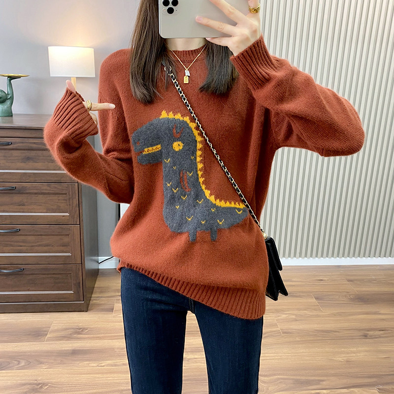 Cute little dinosaur cartoon jacquard plush raccoon hair blended loose lazy long-sleeved sweater sweater