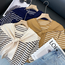 Giant ocean gas minus age guests for tencel fabrics loose navy wind stripe shawl fake two-knitted sweatshirt T-shirt woman