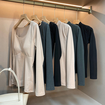 De velvet self-heating autumn clothes with chest pad no trace thermal underwear women plus velvet padded low neck base shirt top winter