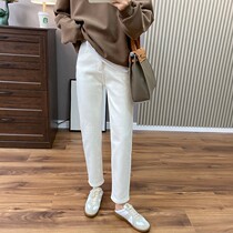 Wang fried black horse a winter thickened baby Island velvet loose black and white straight pants jeans women winter
