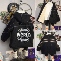 Boy plus velvet thickened coat 2021 new medium and large children Korean version of cotton cotton jacket windbreaker boy autumn winter clothes foreign style tide coat